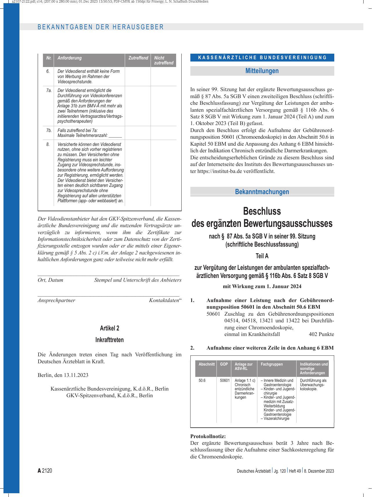 Vorschauseite 1: Beschluss des ergänzten Bewertungsausschusses nach § 87 Abs. 5a SGB V in seiner 99. Sitzung (schriftliche Beschlussfassung)