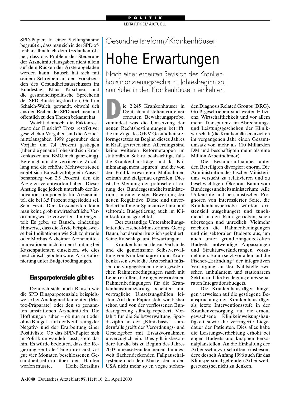 Vorschauseite 1: Gesundheitsreform/Krankenhäuser: Hohe Erwartungen