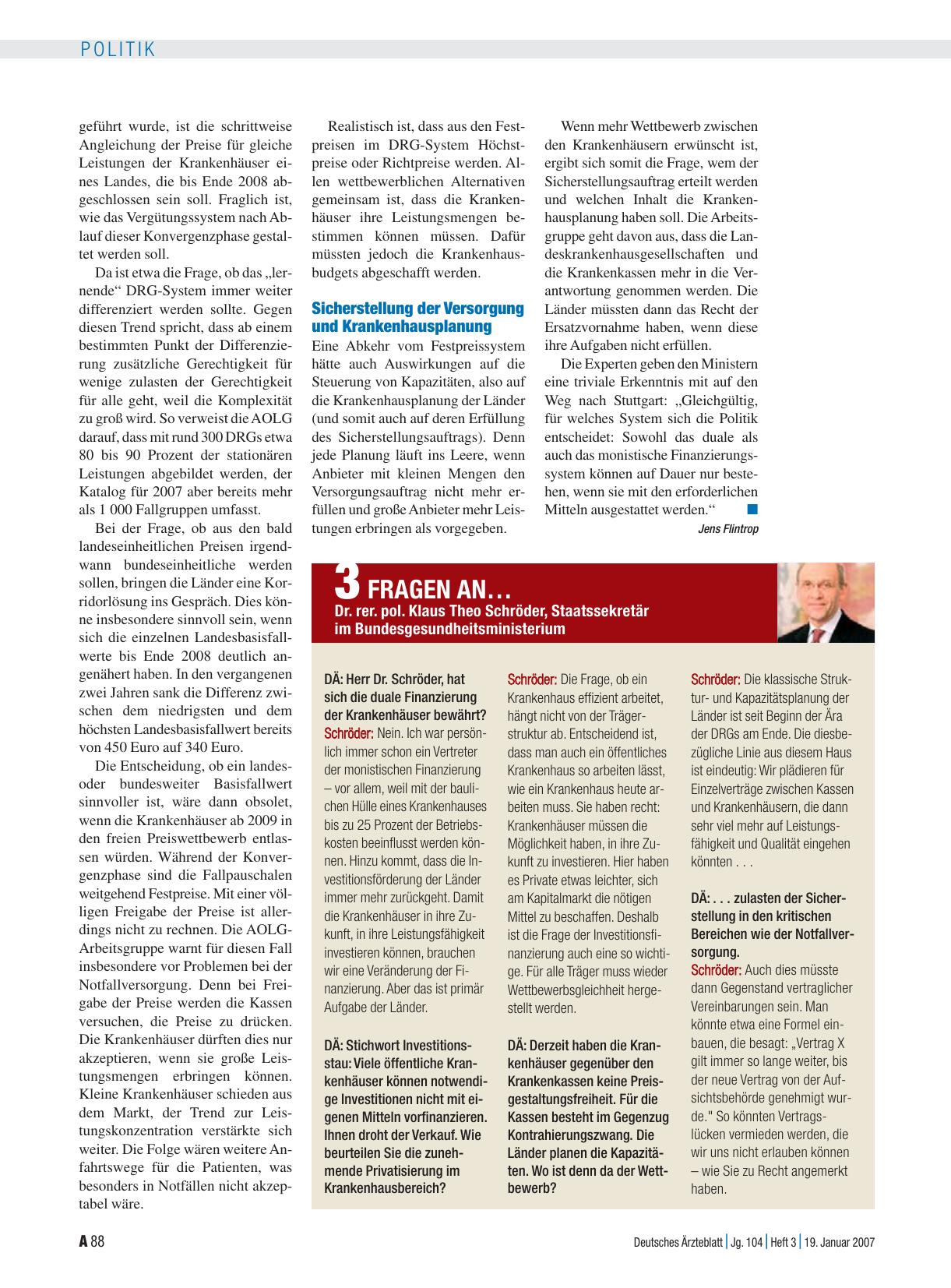 Vorschauseite 1: 3 Fragen an… Dr. rer. pol. Klaus Theo Schröder, Staatssekretär im Bundesgesundheitsministerium