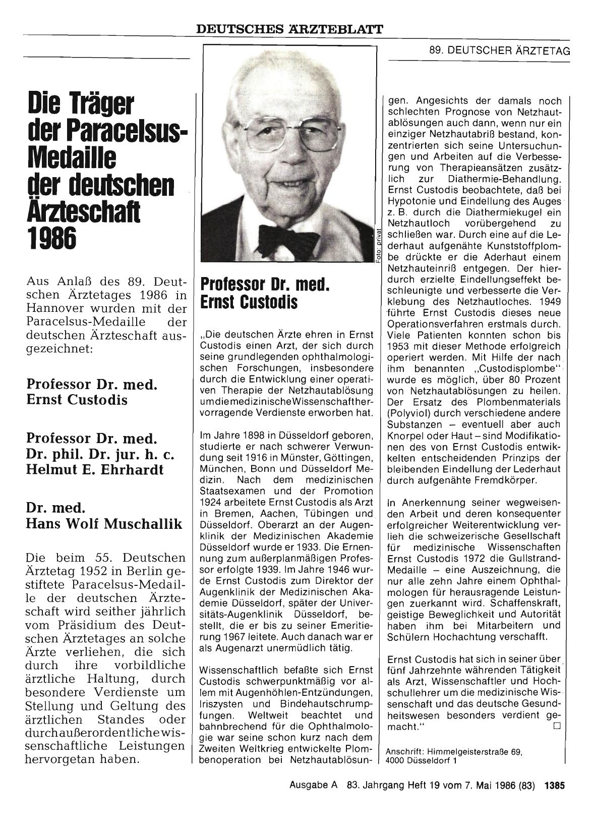 Vorschauseite 1: Die Träger der Paracelsus-Medaille der deutschen Ärzteschaft 1986