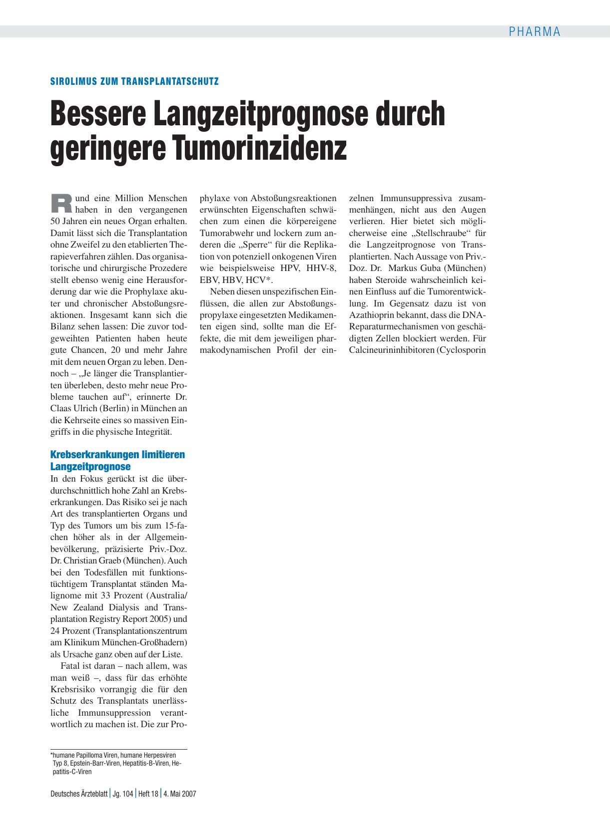 Vorschauseite 1: Sirolimus zum Transplantatschutz: Bessere Langzeitprognose durch geringere Tumorinzidenz