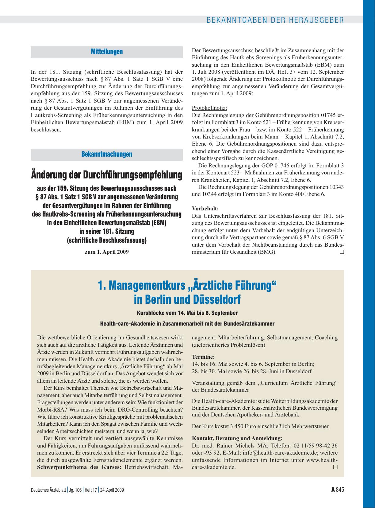 Vorschauseite 1: 1. Managementkurs „Ärztliche Führung“ in Berlin und Düsseldorf