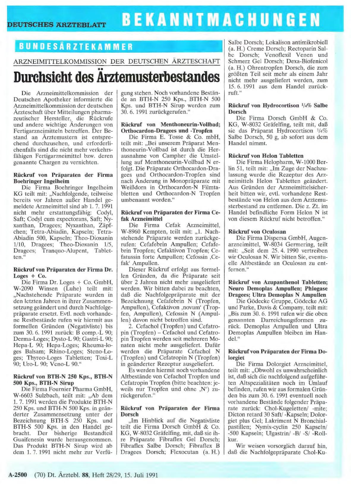 Vorschauseite 1: ARZNEIMITTELKOMMISSION DER DEUTSCHEN ÄRZTESCHAFT: Durchsicht des Ärztemusterbestandes