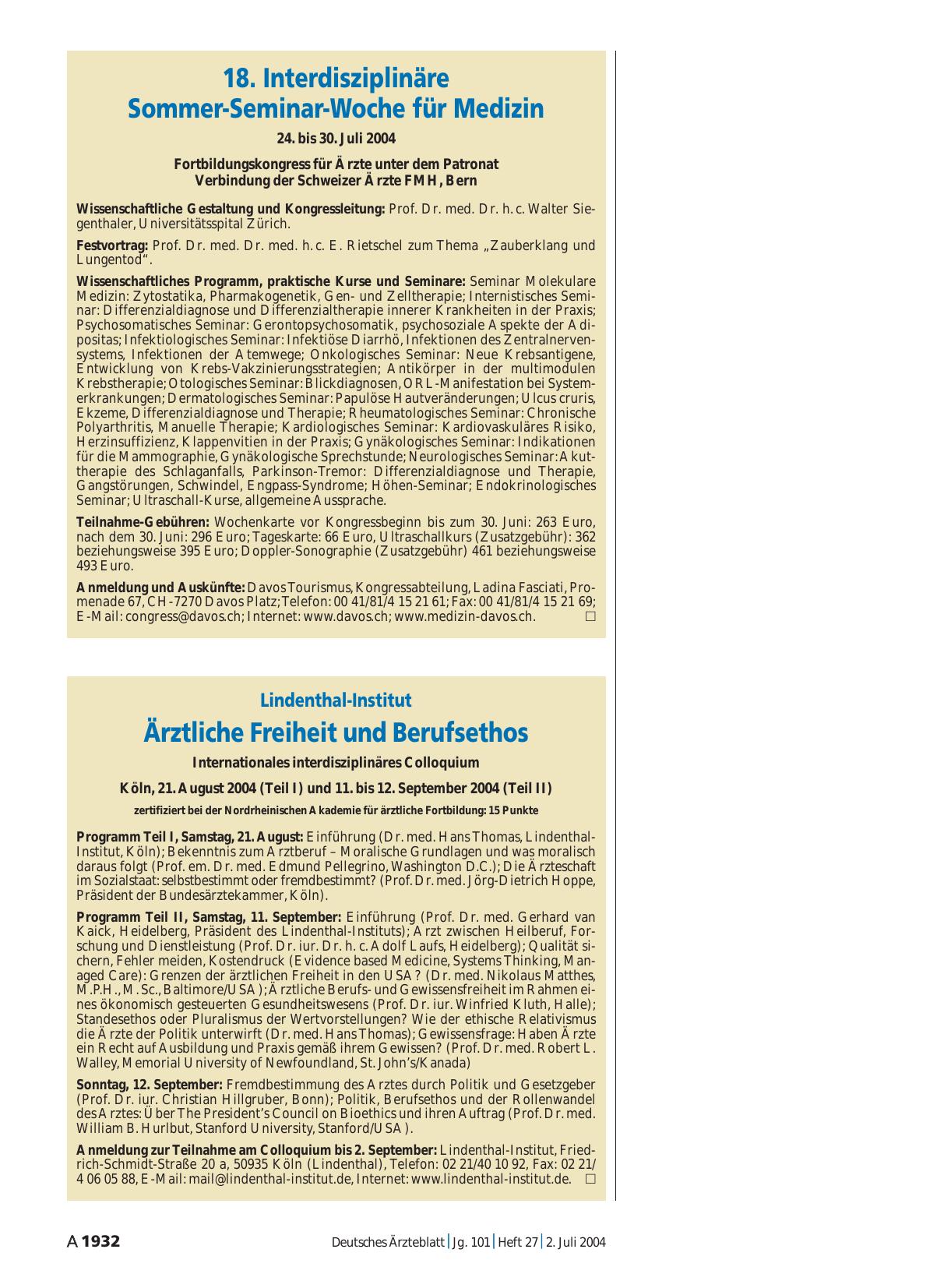 Vorschauseite 1: Lindenthal-Institut: Ärztliche Freiheit und Berufsethos