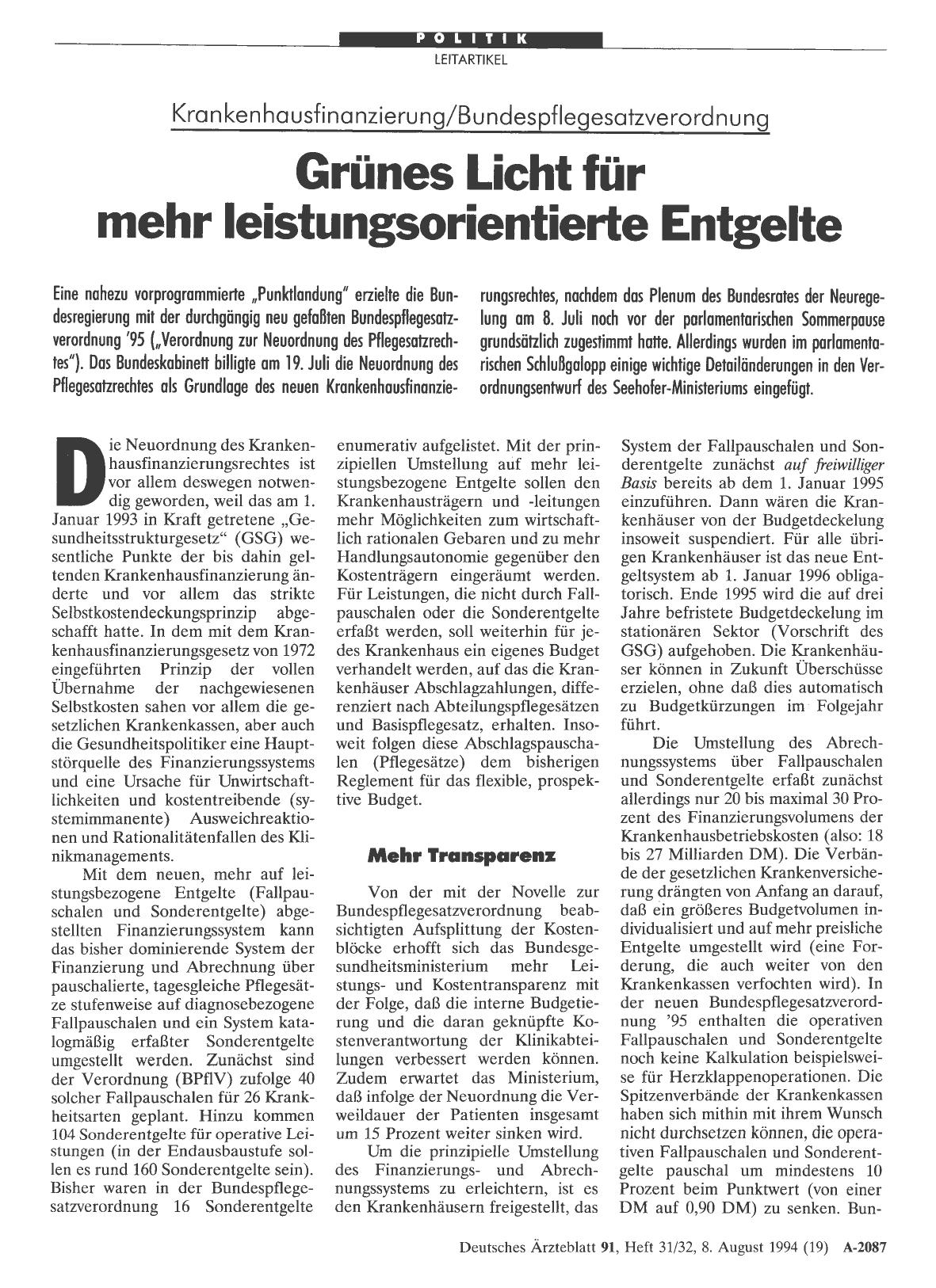 Vorschauseite 1: Krankenhausfinanzierung/ Bundespflegesatzverordnung: Grünes Licht für mehr leistungsorientierte Entgelte