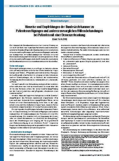 Vorschauseite 1: Hinweise und Empfehlungen der Bundesärztekammer zu Patientenverfügungen und anderen vorsorglichen Willensbekundungen bei Patienten mit einer Demenzerkrankung