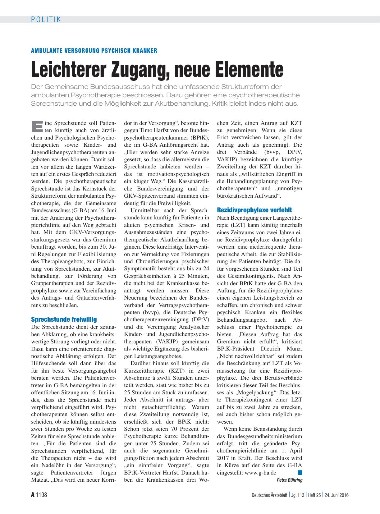 Vorschauseite 1: Ambulante Versorgung psychisch Kranker: Leichterer Zugang, neue Elemente