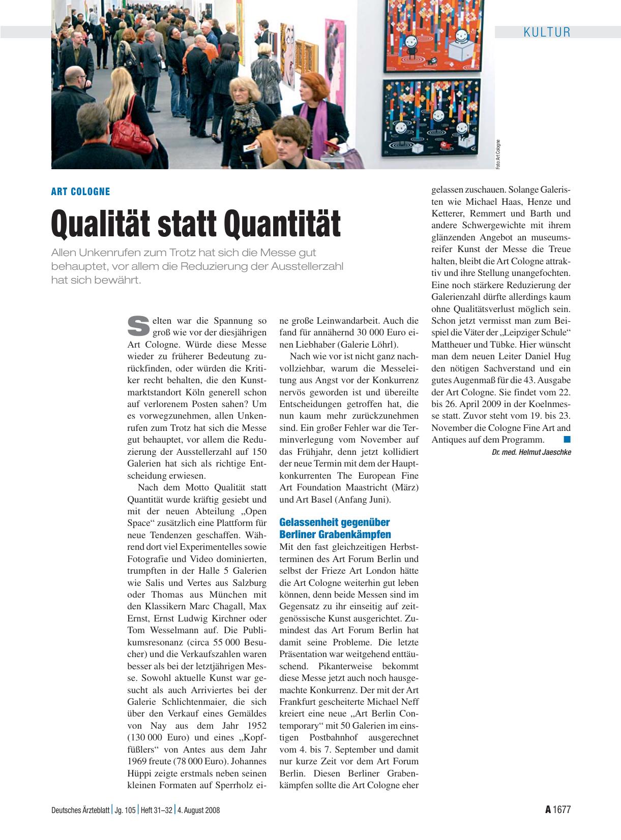 Vorschauseite 1: Art Cologne: Qualität statt Quantität