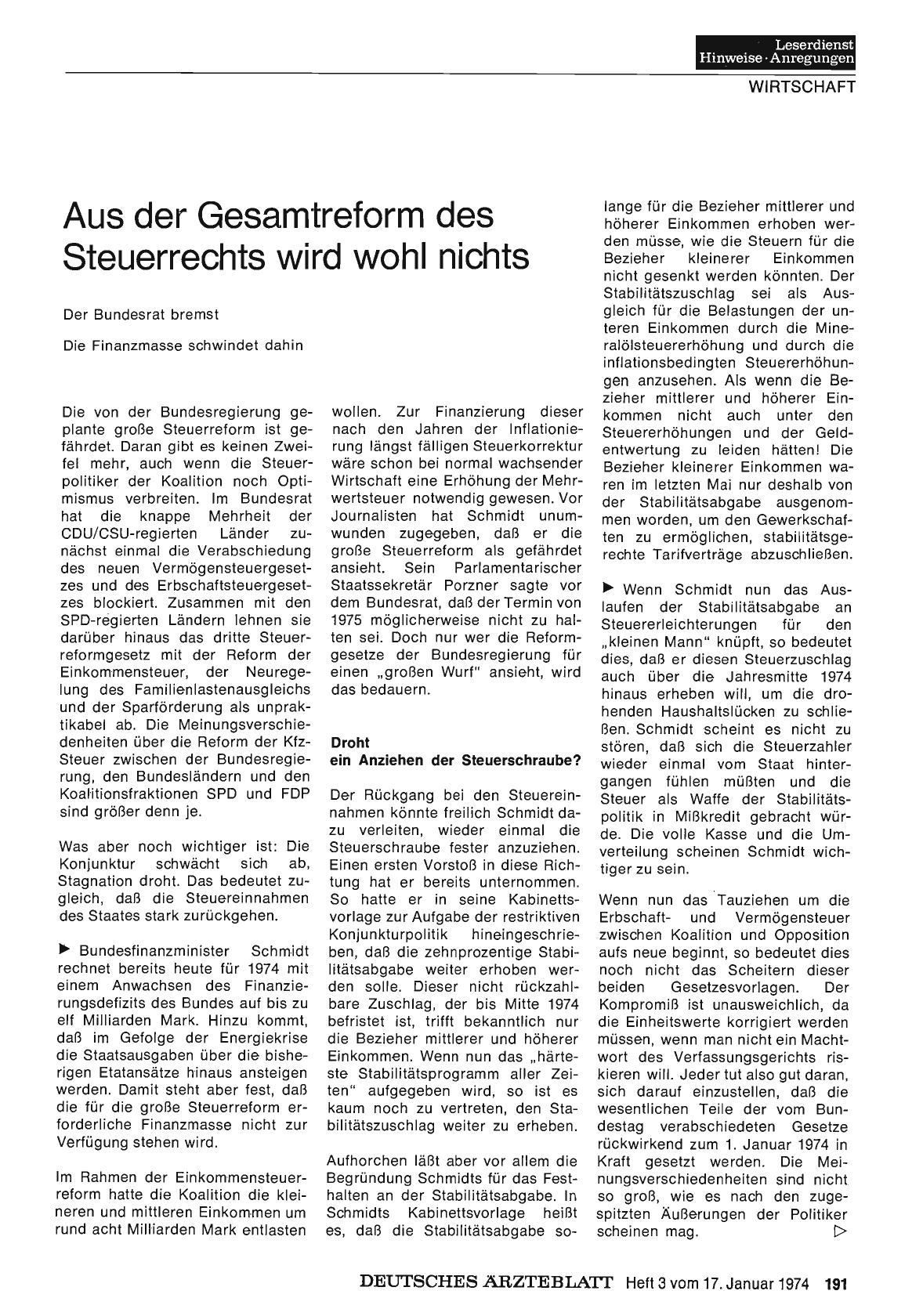 Vorschauseite 1: Aus der Gesamtreform des Steuerrechts wird wohl nichts
