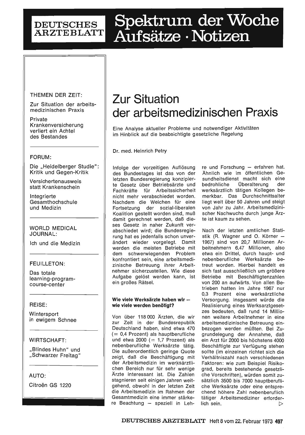 Vorschauseite 1: Zur Situation der arbeitsmedizinischen Praxis: Eine Analyse aktueller Probleme und notwendiger Aktivitäten im Hinblick auf die beabsichtigte gesetzliche Regelung
