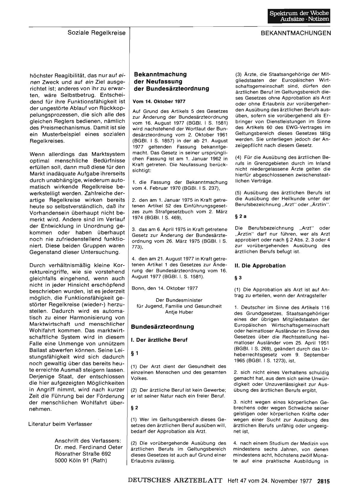 Vorschauseite 1: Bekanntmachung der Neufassung der Bundesärzteordnung