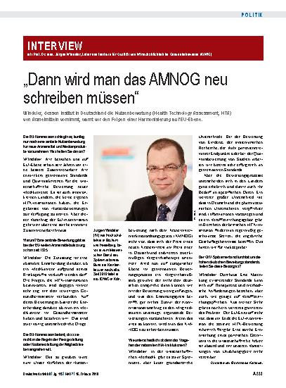 Vorschauseite 1: Interview mit Prof. Dr. med. Jürgen Windeler, Leiter des Instituts für Qualität und Wirtschaftlichkeit im Gesundheitswesen (IQWiG): „Dann wird man das AMNOG neu schreiben müssen“