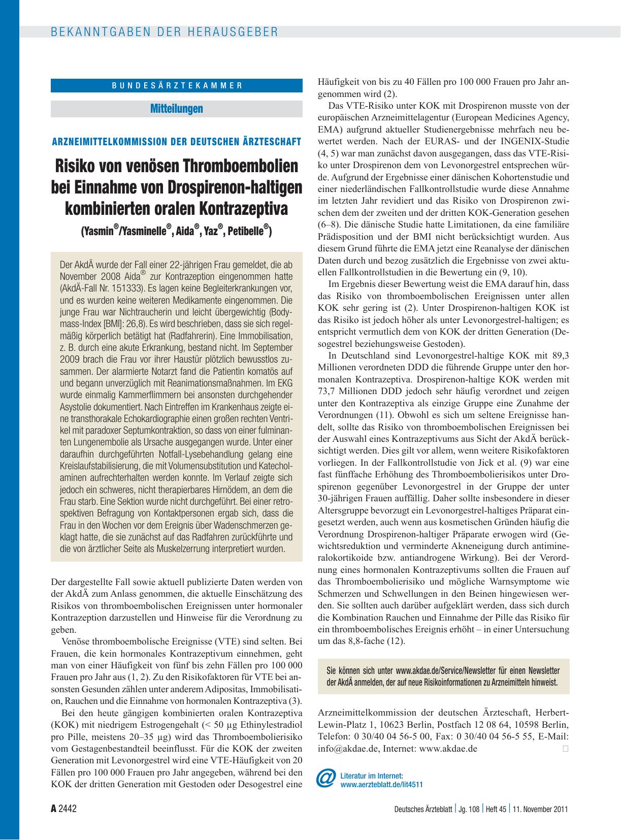 Vorschauseite 1: Arzneimittelkommission der Deutschen Ärzteschaft: Risiko von venösen Thromboembolien bei Einnahme von Drospirenon-haltigen kombinierten oralen Kontrazeptiva (Yasmin®/Yasminelle®,…