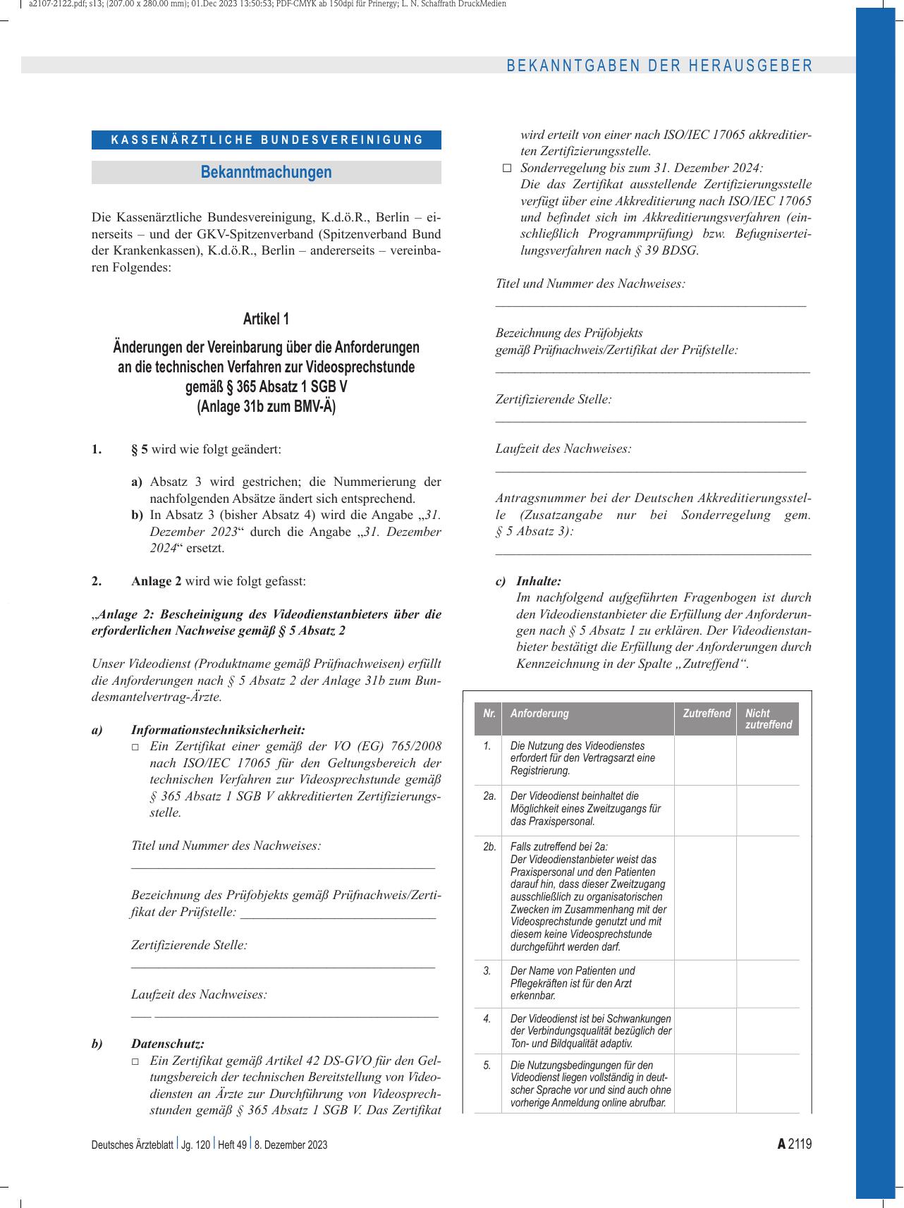 Vorschauseite 1: Änderungen der Vereinbarung über die Anforderungen an die technischen Verfahren zur Videosprechstunde gemäß § 365 Absatz 1 SGB V (Anlage 31b zum BMV-Ä)