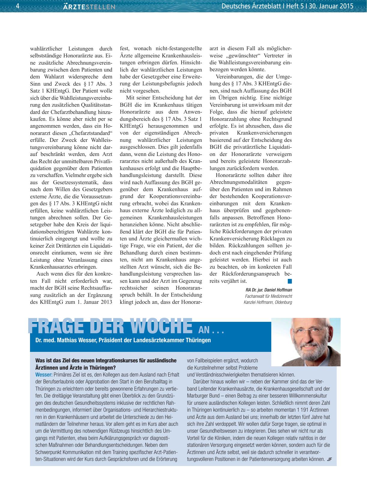 Vorschauseite 1: Frage der Woche an. .. Dr. med. Mathias Wesser, Präsident der Landesärztekammer Thüringen