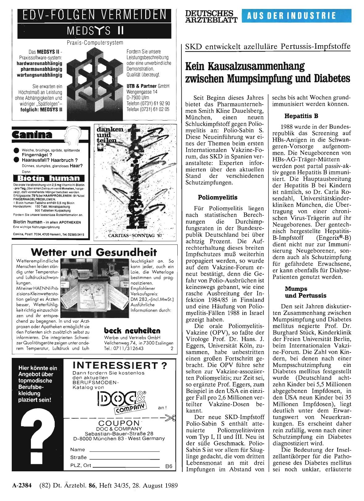 Vorschauseite 1: SKD entwickelt azelluläre Pertussis-Impfstoffe: Kein Kausalzusammenhang zwischen Mumpsimpfung und Diabetes