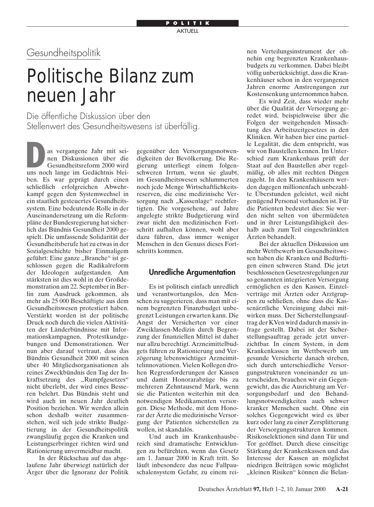 Vorschauseite 1: Gesundheitspolitik: Politische Bilanz zum neuen Jahr