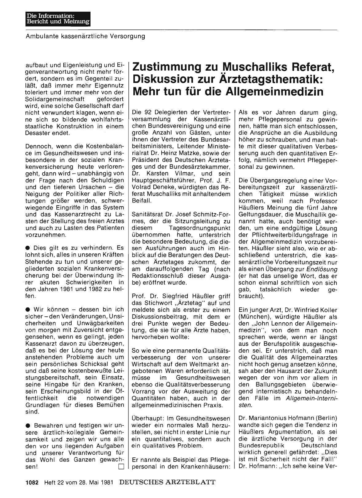 Vorschauseite 1: Zustimmung zu Muschalliks Referat, Diskussion zur Ärztetagsthematik: Mehr tun für die Allgemeinmedizin