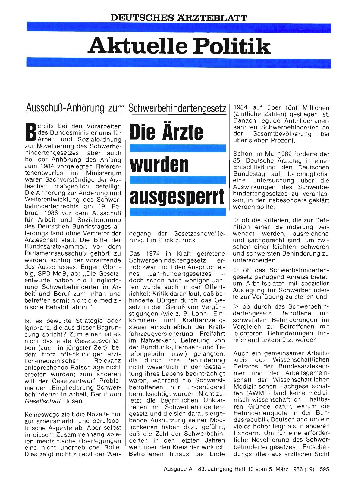 Vorschauseite 1: Ausschuß-Anhörung zum Schwerbehindertengesetz: Die Ärzte wurden ausgesperrt