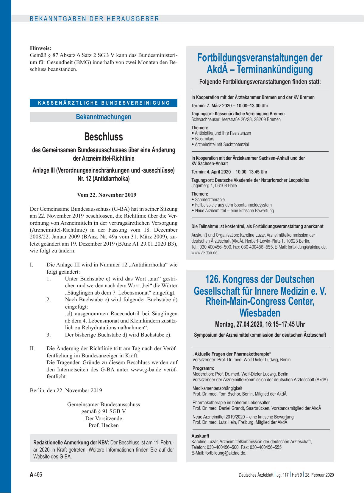 Vorschauseite 1: Beschluss des Gemeinsamen Bundesausschusses über eine Änderung der Arzneimittel-Richtlinie: Anlage III (Verordnungseinschränkungen und -ausschlüsse) Nr. 12 (Antidiarrhoika)