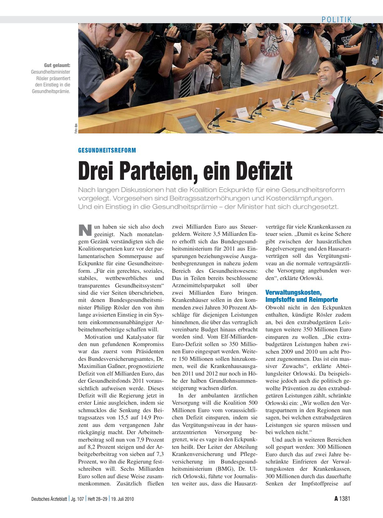 Vorschauseite 1: Gesundheitsreform: Drei Parteien, ein Defizit