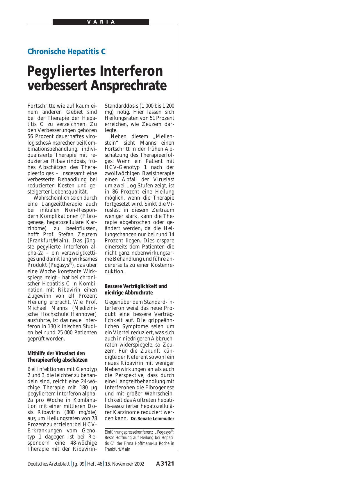Vorschauseite 1: Chronische Hepatitis C: Pegyliertes Interferon verbessert Ansprechrate