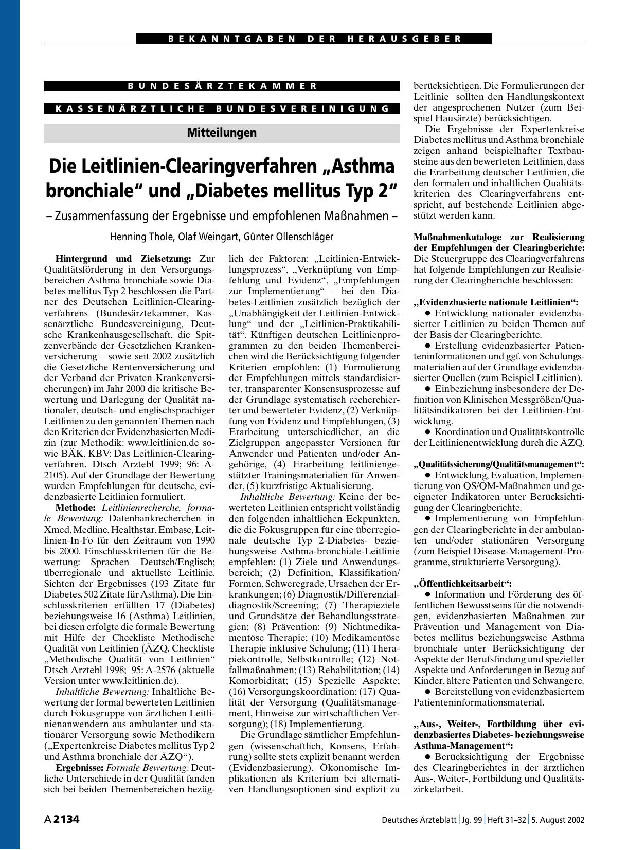 Vorschauseite 1: Mitteilungen: Die Leitlinien-Clearingverfahren „Asthma bronchiale“ und „Diabetes mellitus Typ 2“