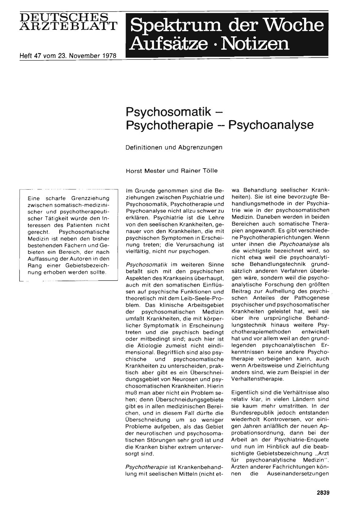 Vorschauseite 1: Psychosomatik — Psychotherapie — Psychoanalyse: Definitionen und Abgrenzungen