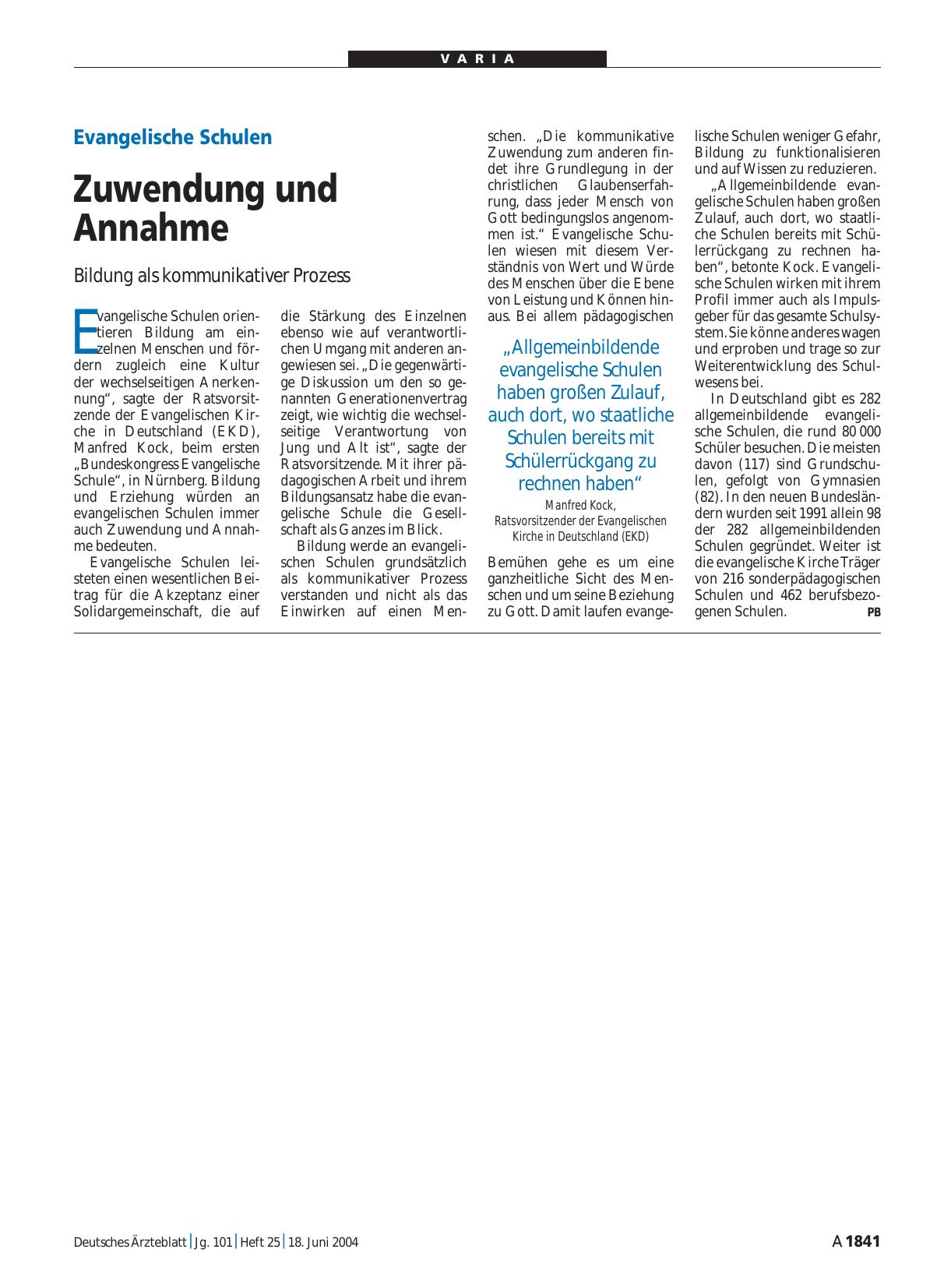 Vorschauseite 1: Evangelische Schulen: Zuwendung und Annahme