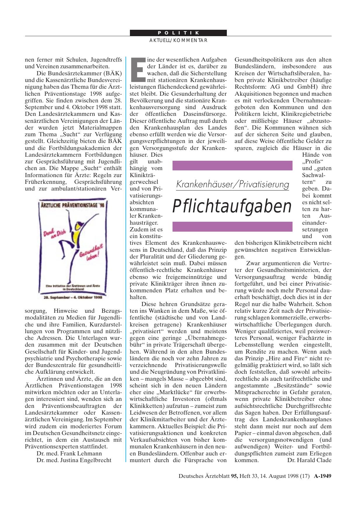 Vorschauseite 1: Krankenhäuser/Privatisierung: Pflichtaufgaben