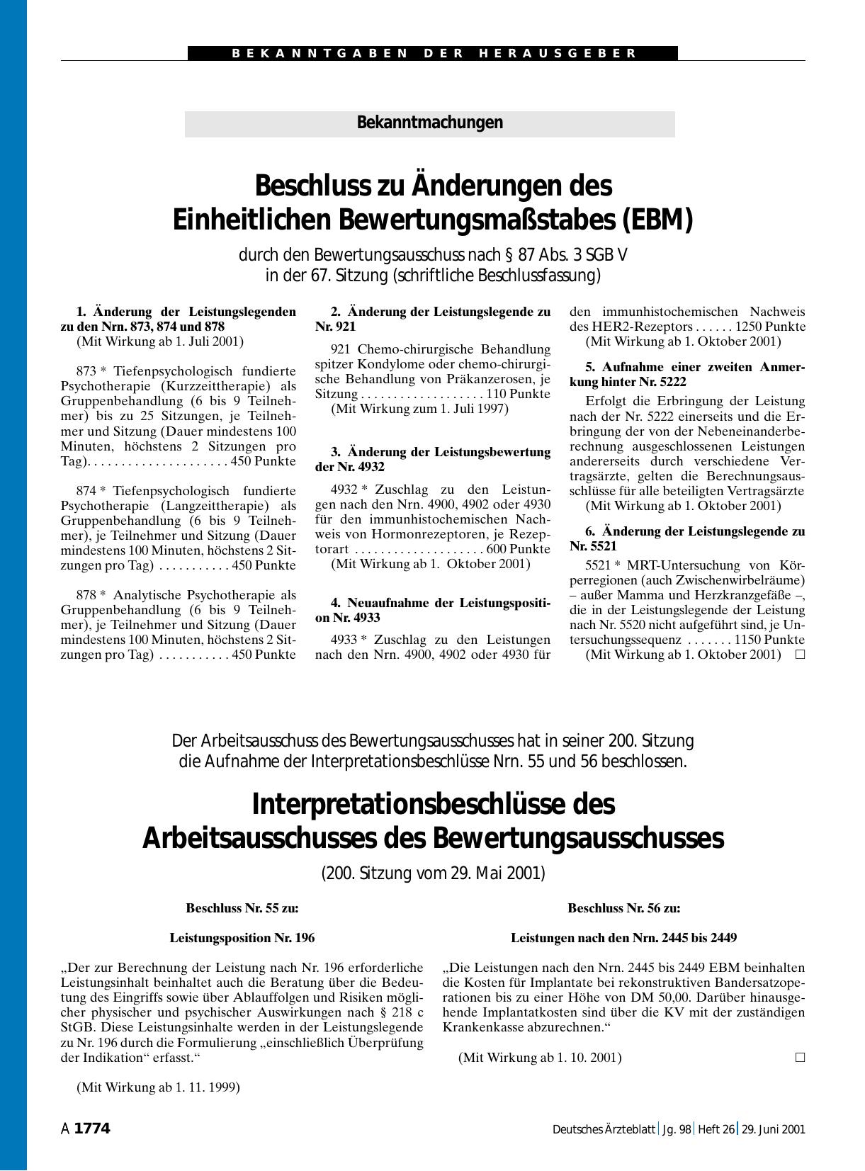 Vorschauseite 1: Interpretationsbeschlüsse des Arbeitsausschusses des Bewertungsausschusses
