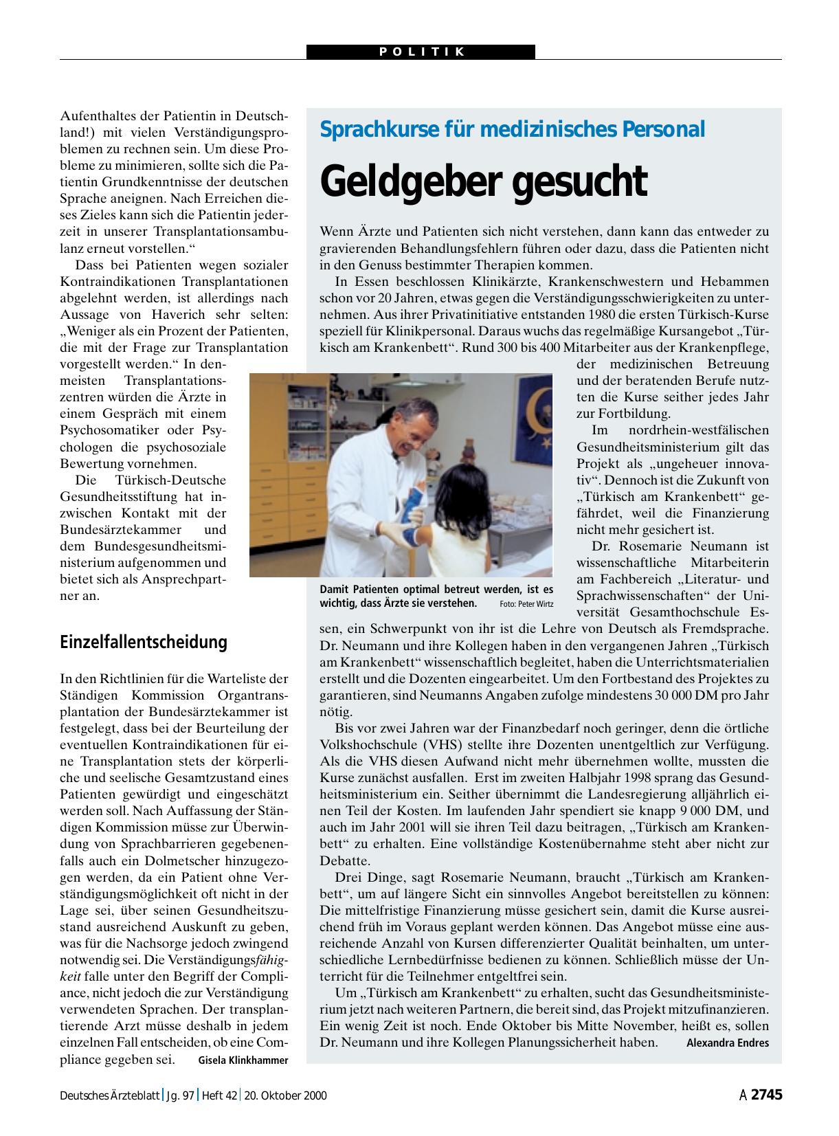 Vorschauseite 1: Sprachkurse für medizinisches Personal: Geldgeber gesucht