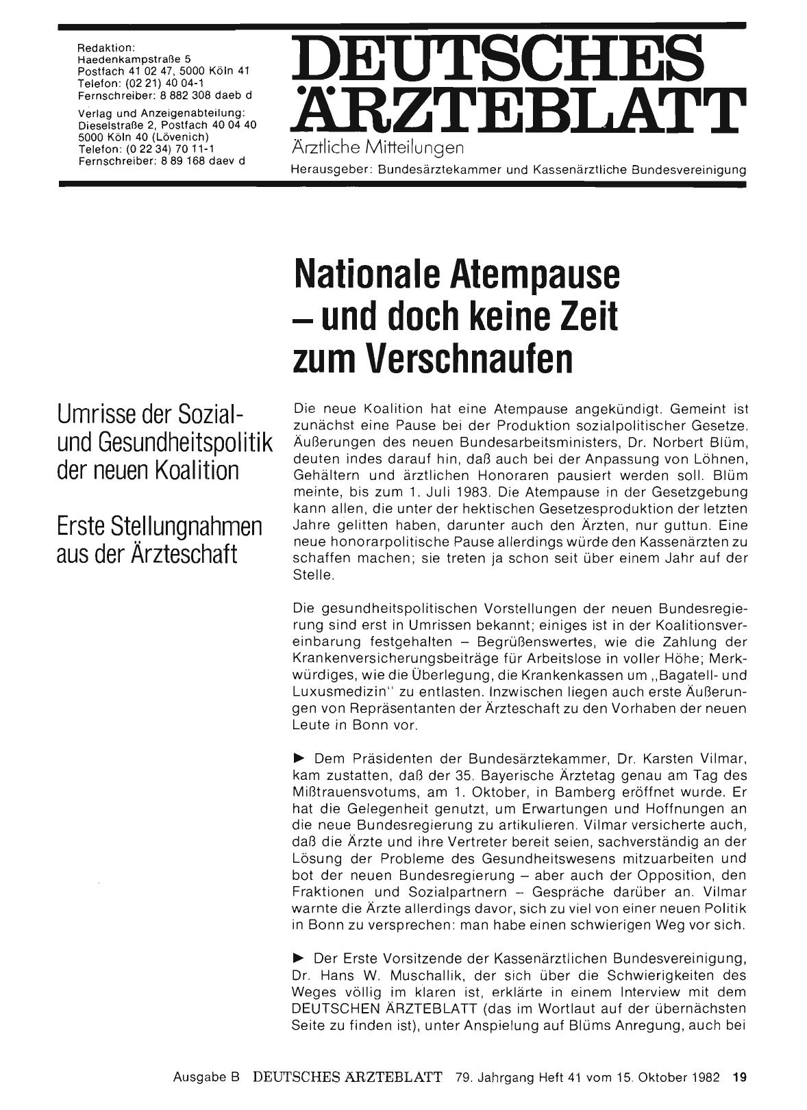 Vorschauseite 1: Nationale Atempause -und doch keine Zeit zum Verschnaufen: Umrisse der Sozialund Gesundheitspolitik der neuen Koalition - Erste Stellungnahmen aus der Ärzteschaft