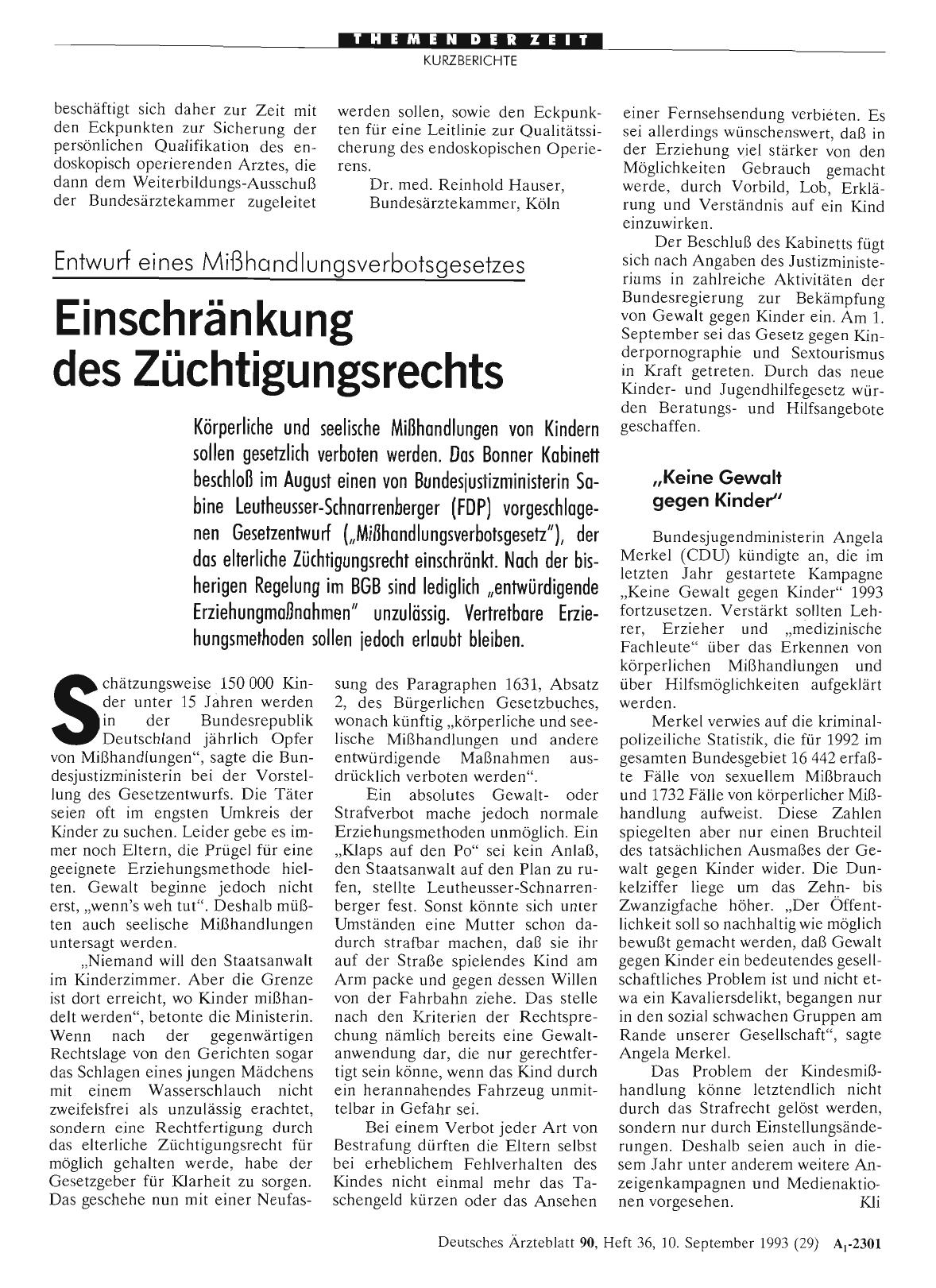 Vorschauseite 1: Entwurf eines Mißhandlungsverbotsgesetzes: Einschränkung des Züchtigungsrechts