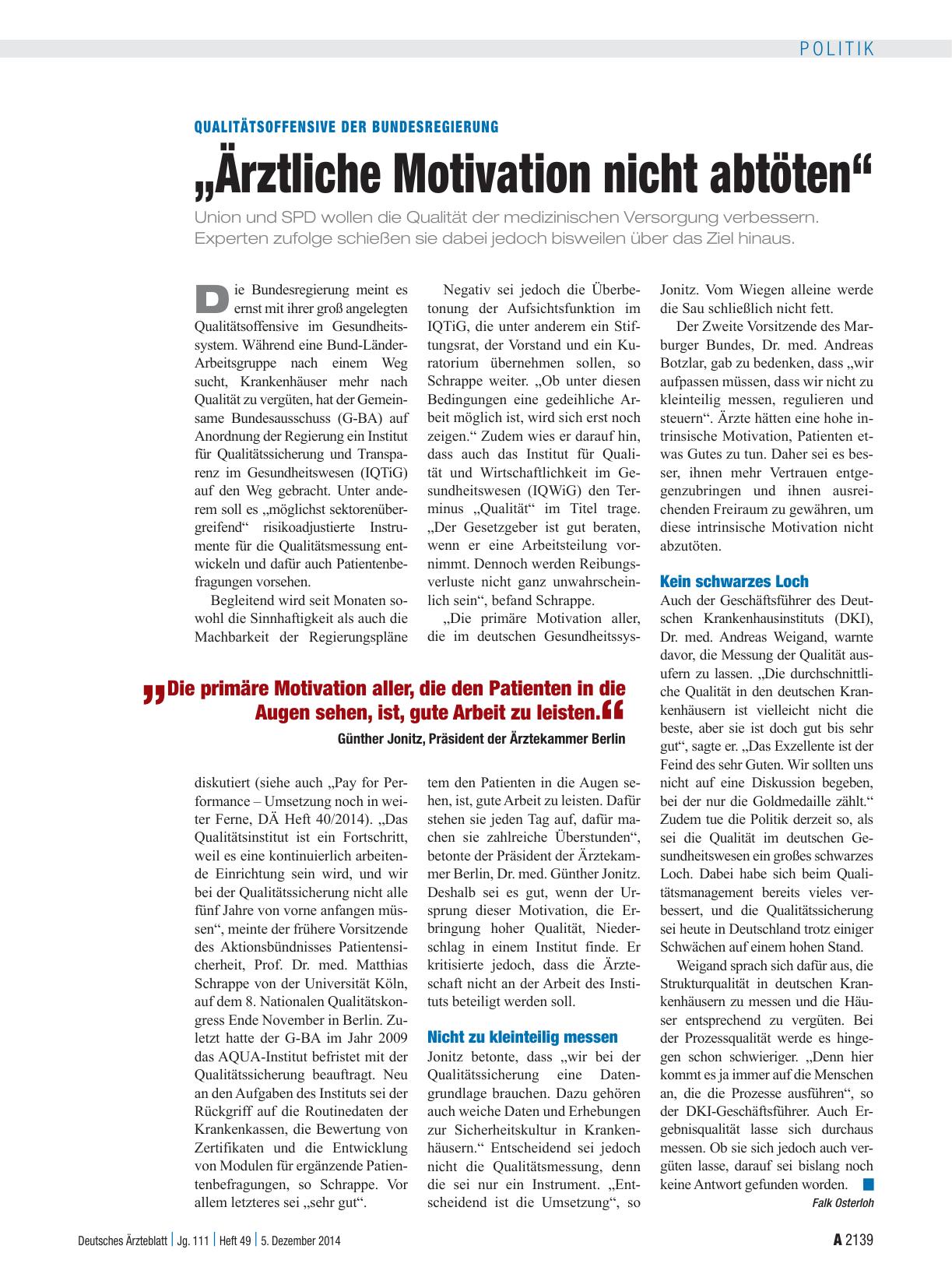 Vorschauseite 1: Qualitätsoffensive der Bundesregierung: „Ärztliche Motivation nicht abtöten“