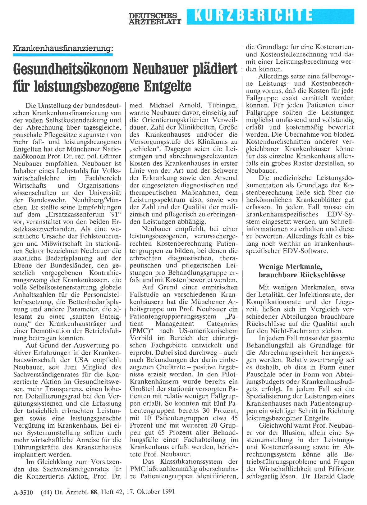 Vorschauseite 1: Krankenhausfinanzierung: Gesundheitsökonom Neubauer plädiert für leistungsbezogene Entgelte