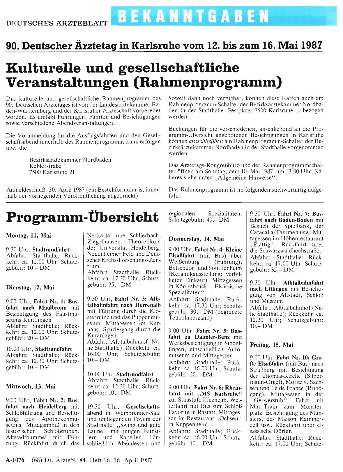 Vorschauseite 1: 90. Deutscher Ärztetag in Karlsruhe vom 12. bis zum 16. Mai 1987: Kulturelle und gesellschaftliche Veranstaltungen (Rahmenprogramm)