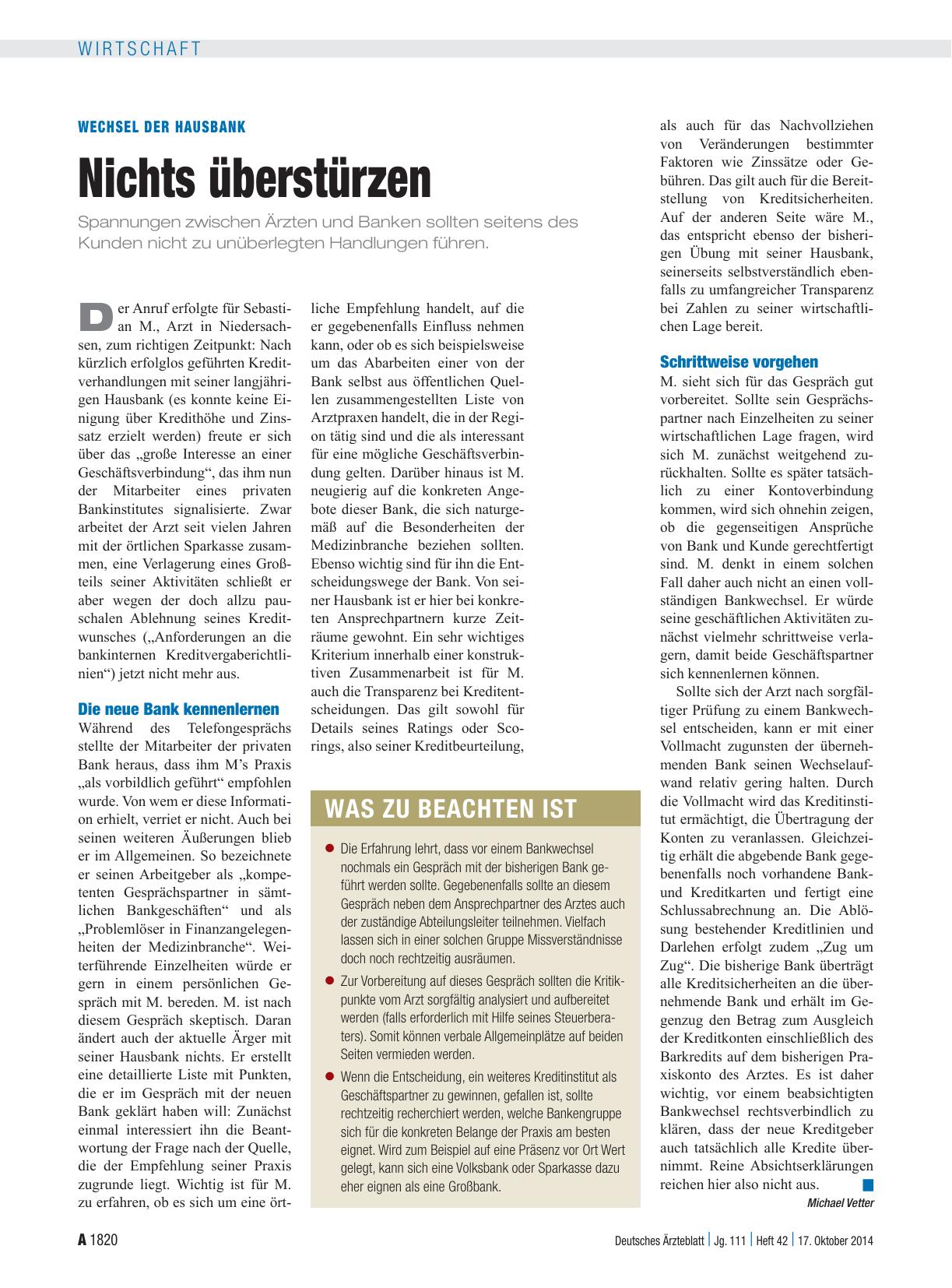 Vorschauseite 1: Wechsel der Hausbank: Nichts überstürzen