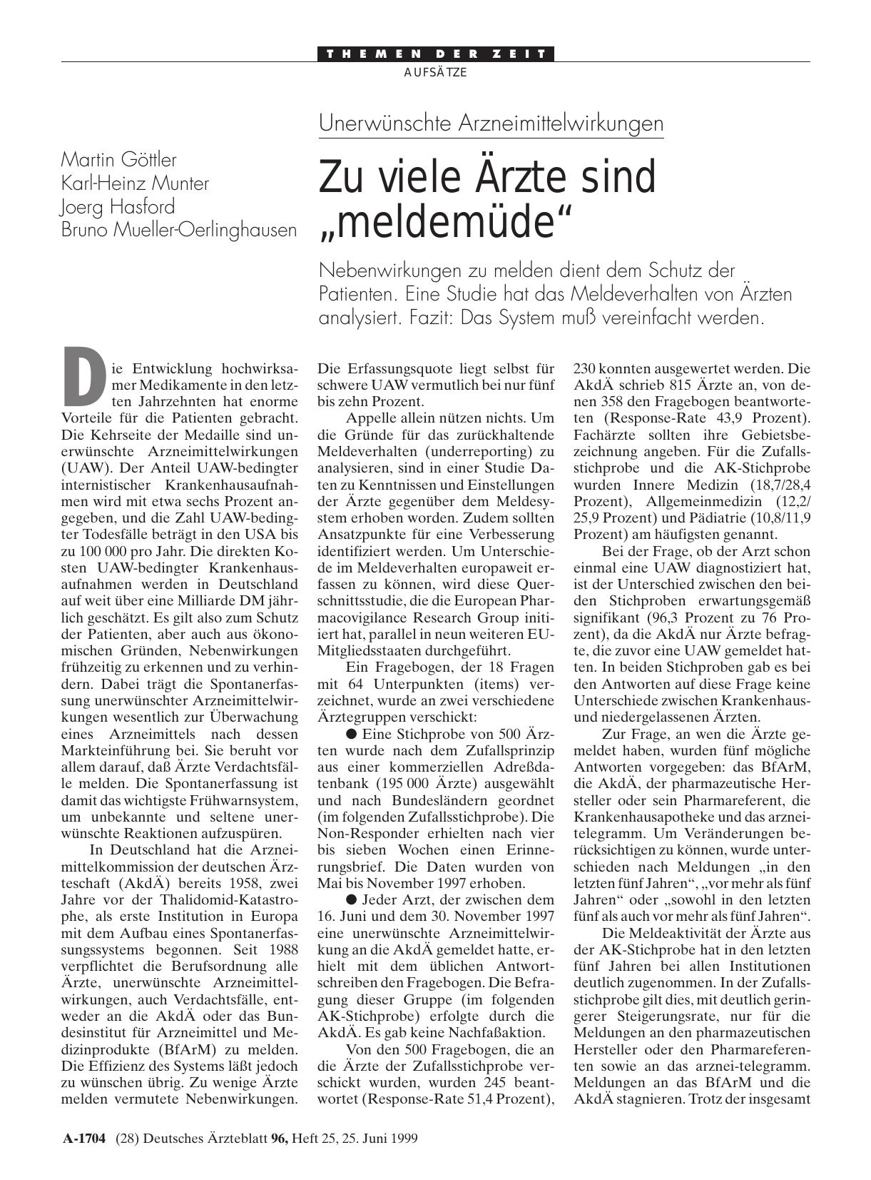 Vorschauseite 1: Unerwünschte Arzneimittelwirkungen: Zu viele Ärzte sind „meldemüde“