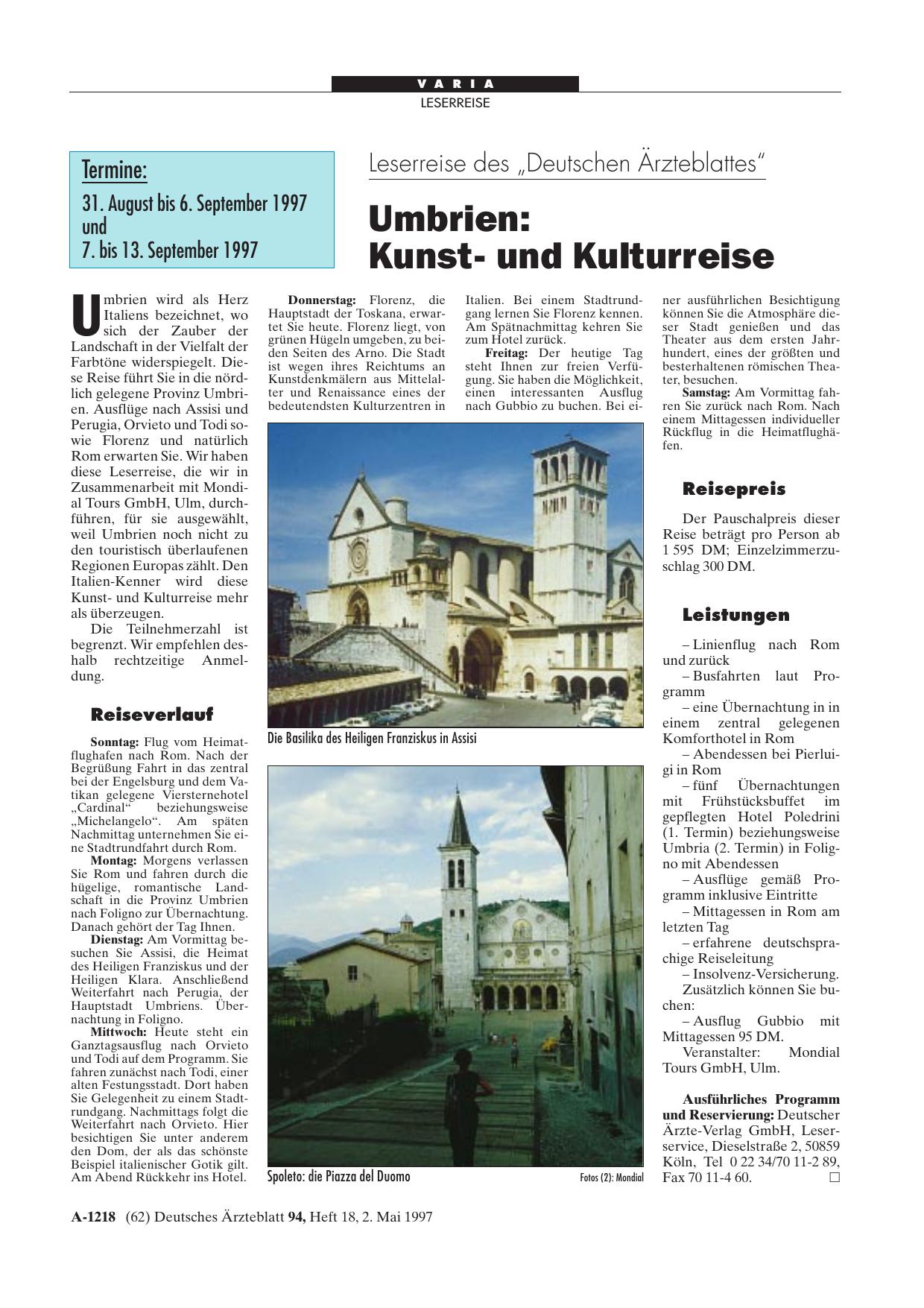 Vorschauseite 1: Leserreise des „Deutschen Ärzteblattes“: Umbrien – Kunstund Kulturreise