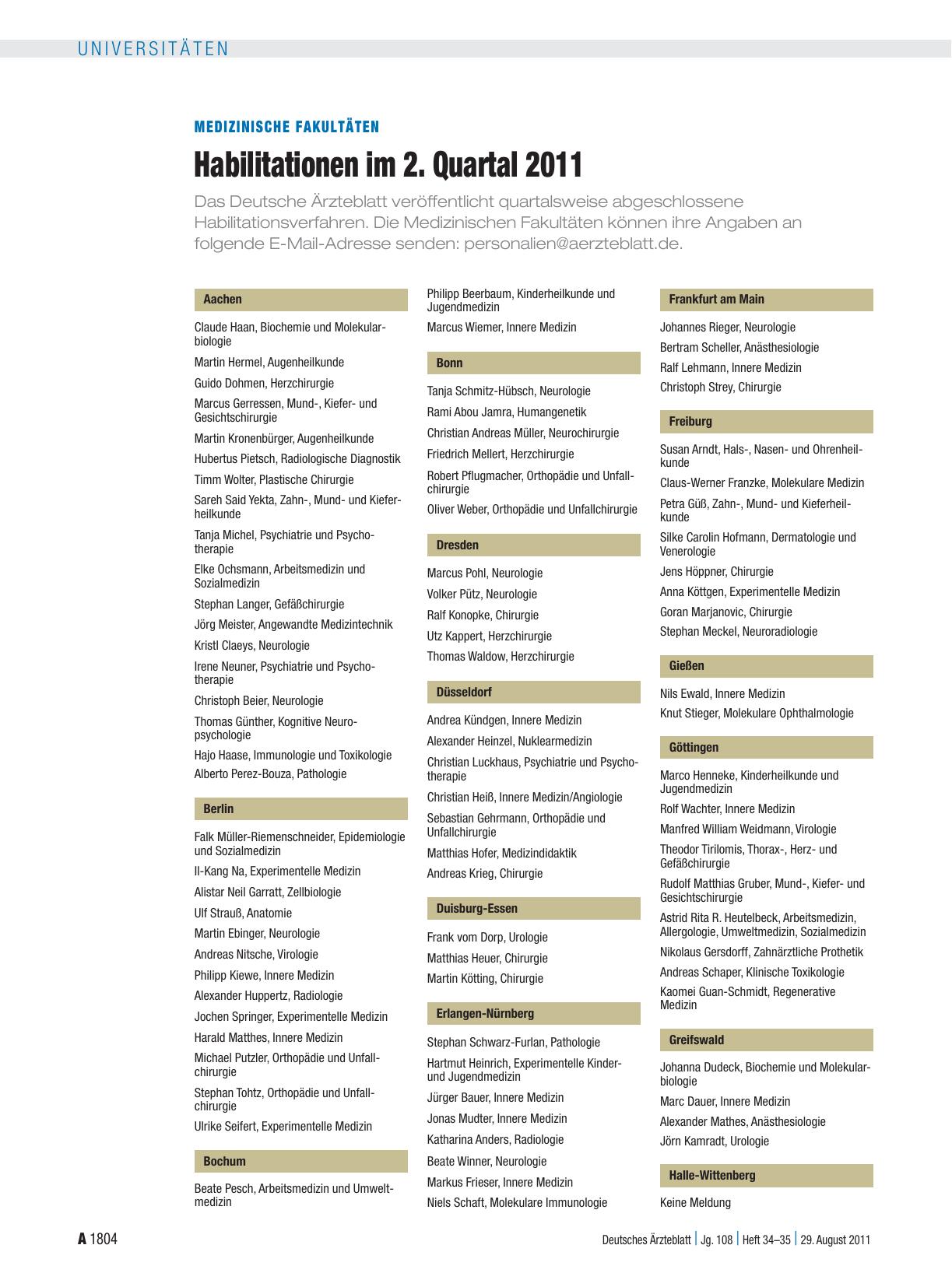 Vorschauseite 1: Medizinische Fakultäten: Habilitationen im 2. Quartal 2011