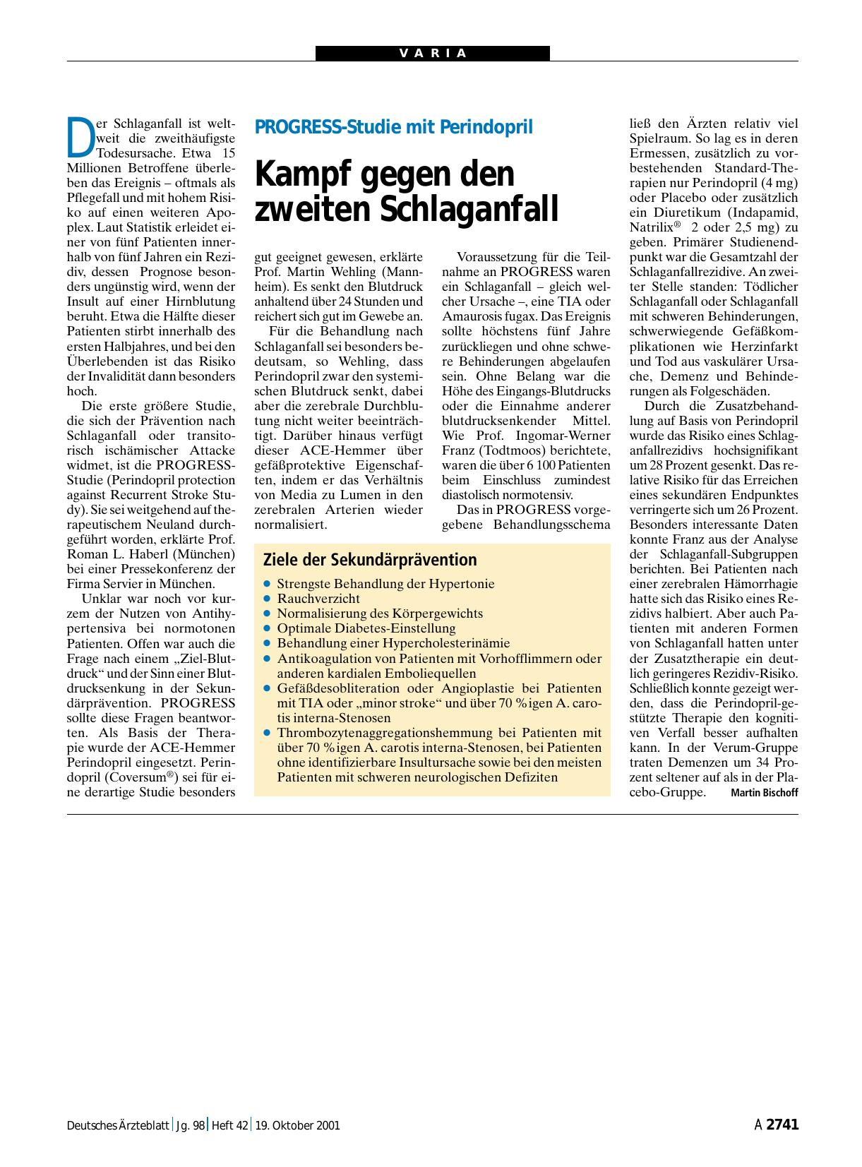 Vorschauseite 1: PROGRESS-Studie mit Perindopril: Kampf gegen den zweiten Schlaganfall