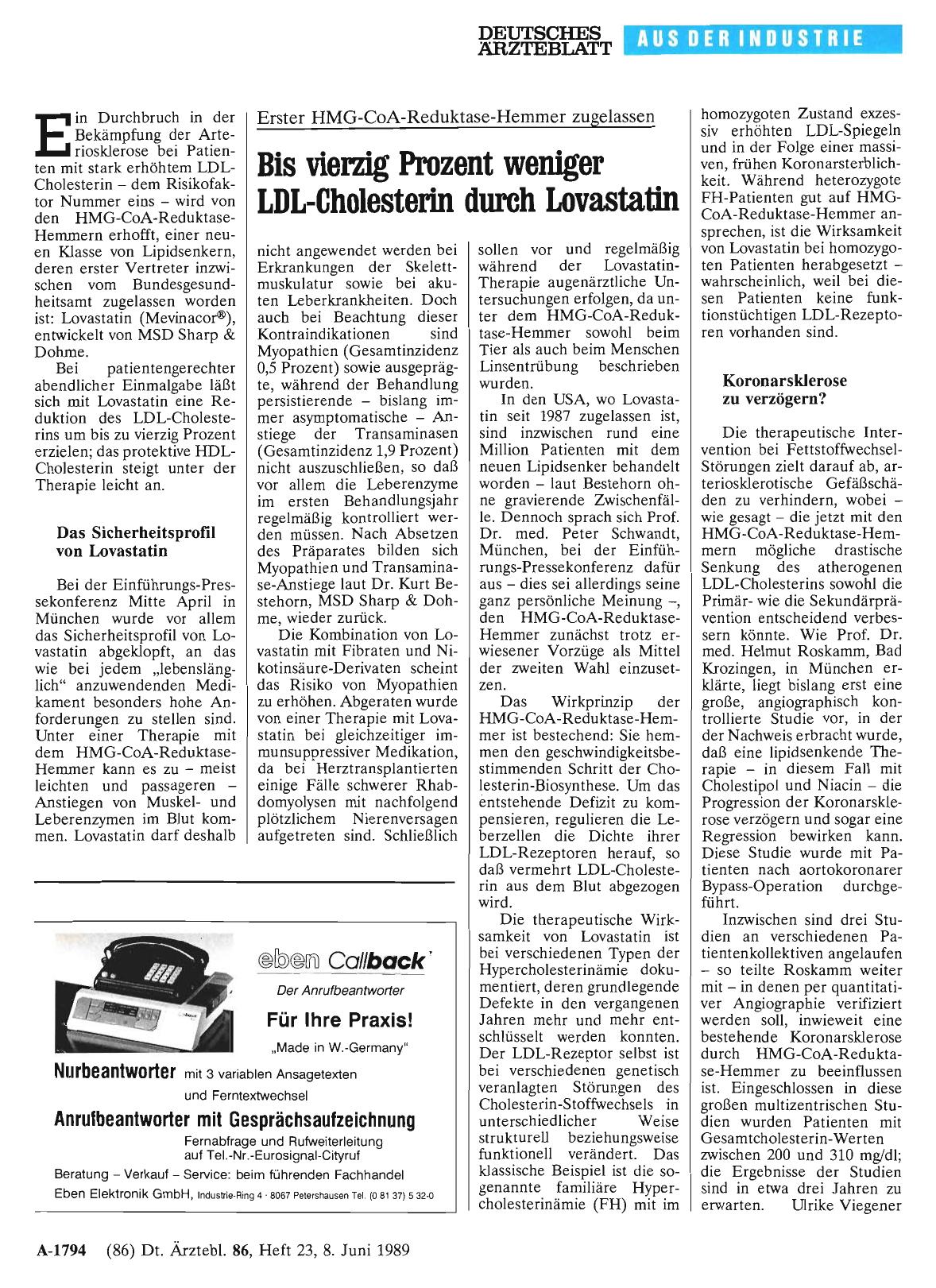 Vorschauseite 1: Erster HMG-CoA-Reduktase-Hemmer zugelassen: Bis vierzig Prozent weniger LDL-Cholesterin durch Lovastatin