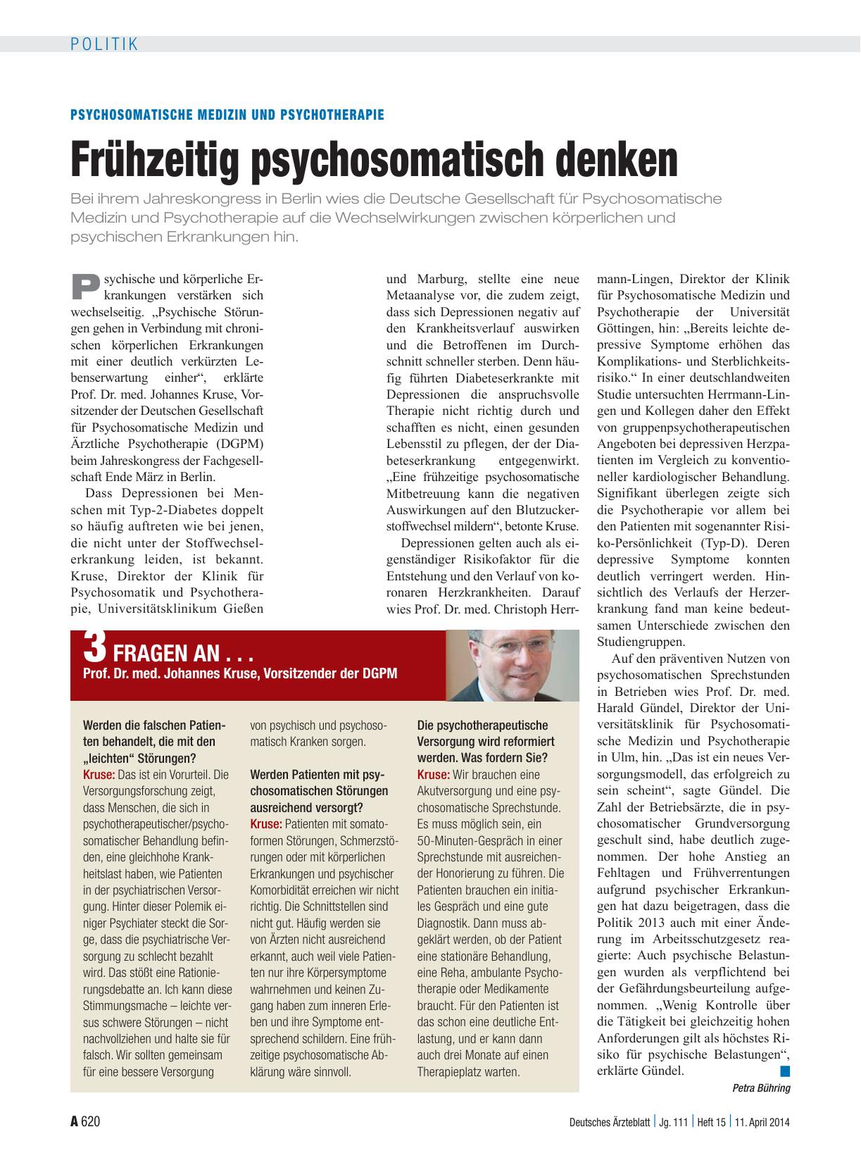 Vorschauseite 1: Psychosomatische Medizin und Psychotherapie: Frühzeitig psychosomatisch denken