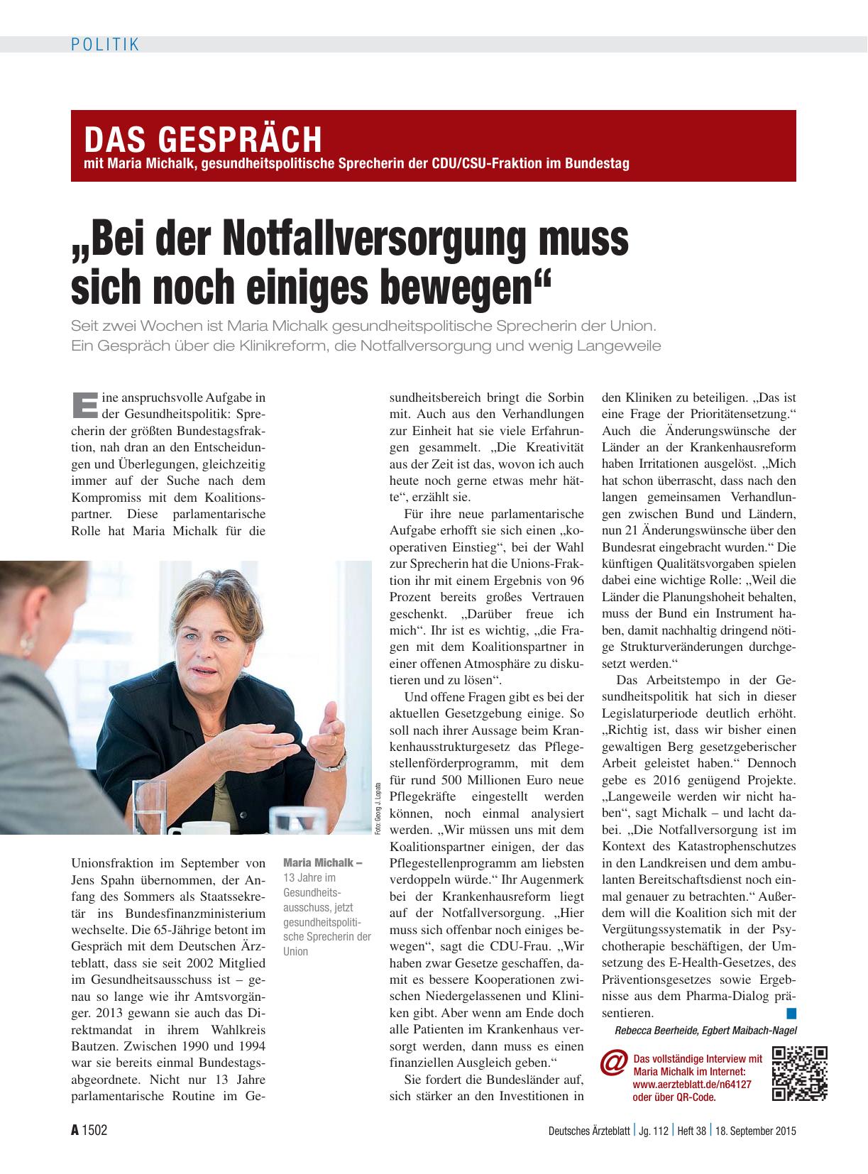 Vorschauseite 1: Das Gespräch mit Maria Michalk, gesundheitspolitische Sprecherin der CDU/CSU-Fraktion im Bundestag: „Bei der Notfallversorgung muss sich noch einiges bewegen“