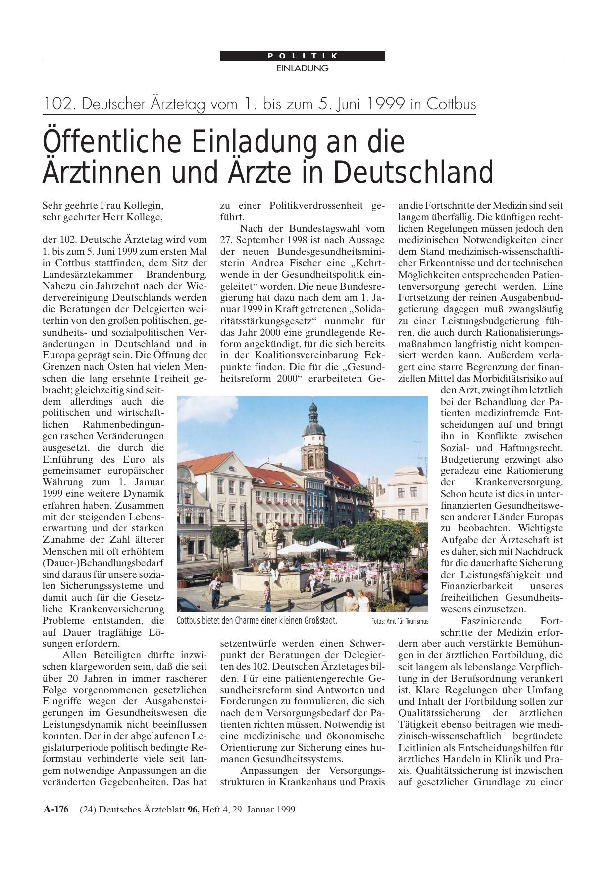 Vorschauseite 1: 102. Deutscher Ärztetag vom 1. bis zum 5. Juni 1999 in Cottbus: Öffentliche Einladung an die Ärztinnen und Ärzte in Deutschland
