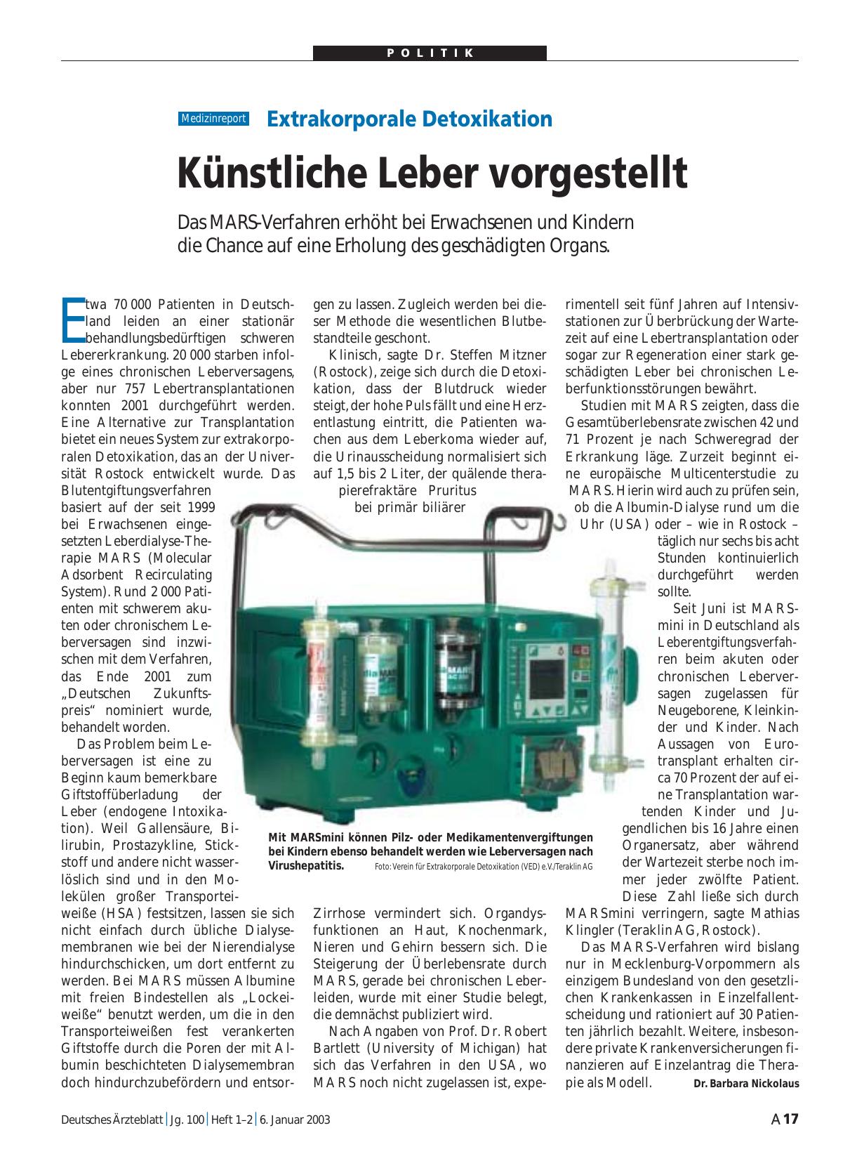 Vorschauseite 1: Extrakorporale Detoxikation: Künstliche Leber vorgestellt
