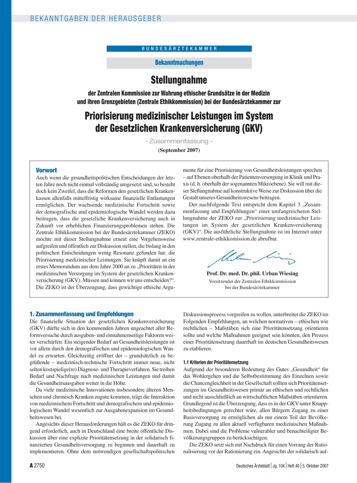 Vorschauseite 1: Bekanntmachungen: Stellungnahme der Zentralen Kommission zur Wahrung ethischer Grundsätze in der Medizin und ihren Grenzgebieten (Zentrale Ethikkommission) bei der Bundesärztekamm…