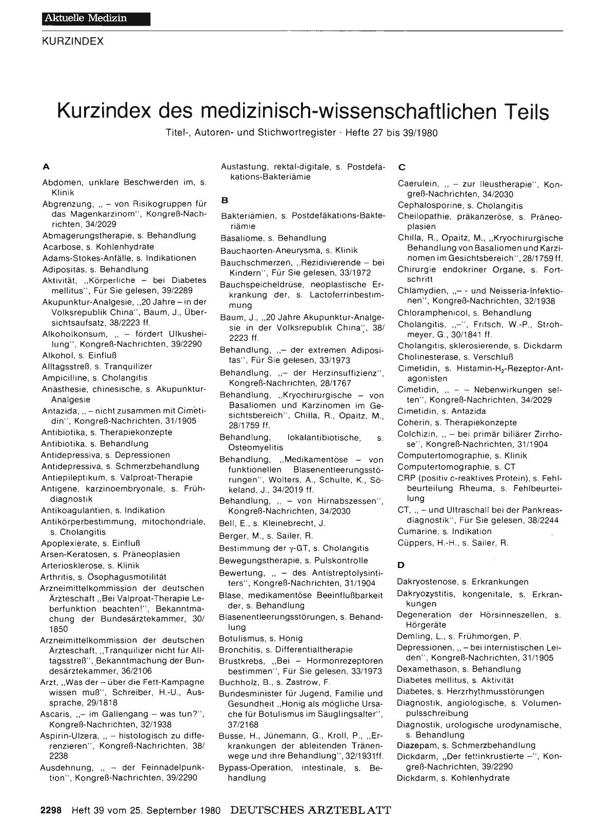 Vorschauseite 1: Kurzindex des medizinisch-wissenschaftlichen Teils: Titel -, Autoren - und Stichwortregister • Hefte 27 bis 39/1980