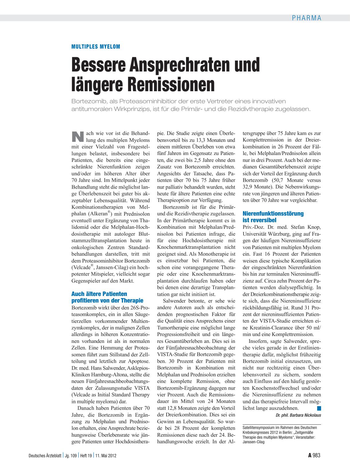 Vorschauseite 1: Multiples Myelom: Bessere Ansprechraten und längere Remissionen